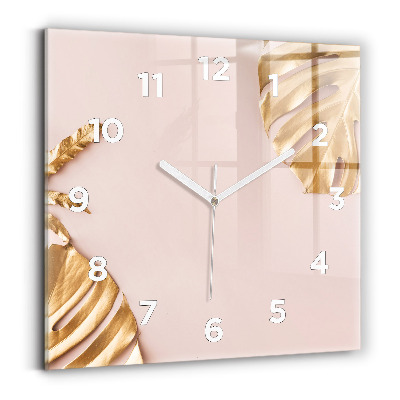 Ceas de sticlă pe perete pătrat Frunze tropicale aurii