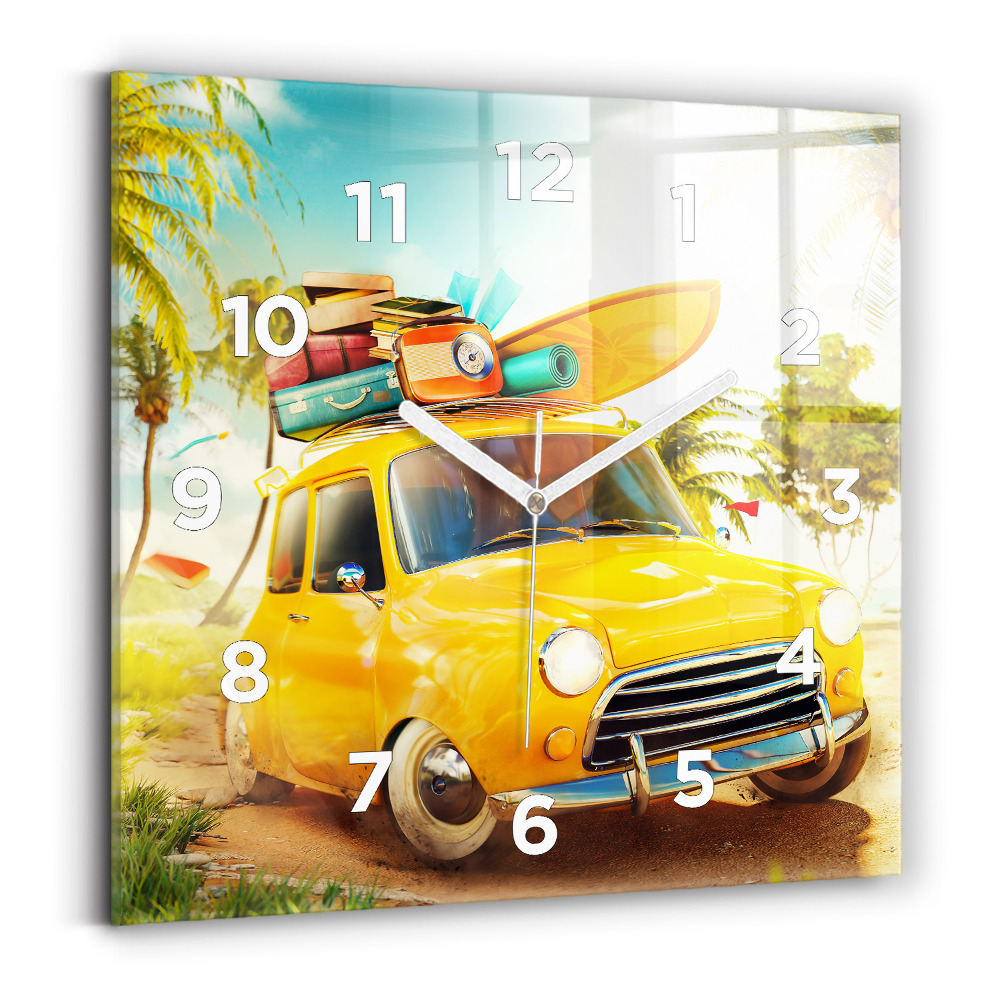 Ceas perete din sticlă pătrat Mașină cu o placă de surf