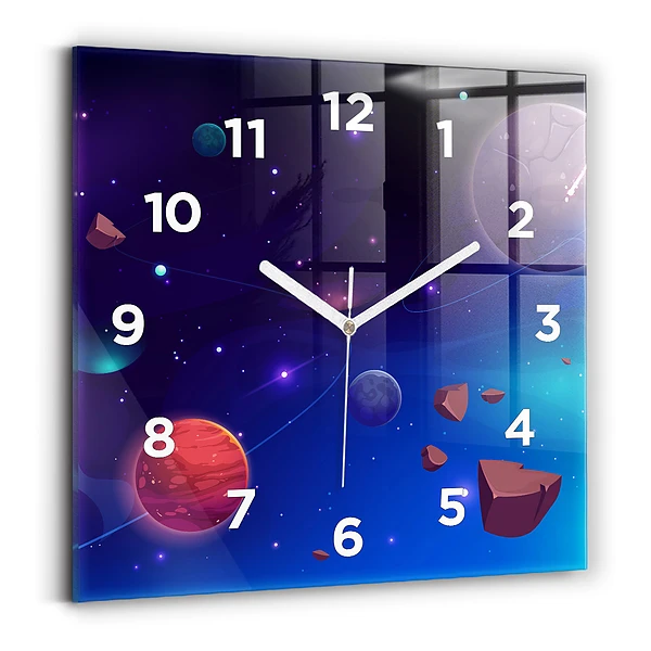 Ceas perete din sticlă pătrat Planete galaxie