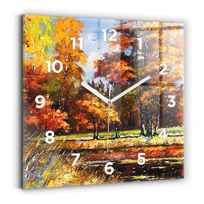 Ceas pătrat de perete din sticlă Peisaj de toamnă cu un râu