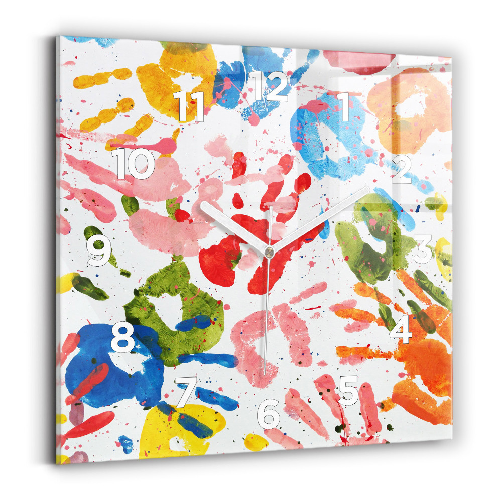 Ceas de sticlă pe perete pătrat Amprentele mâinilor copiilor