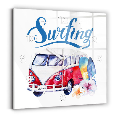 Ceas de sticlă pe perete pătrat Mașină și inscripția Surfing