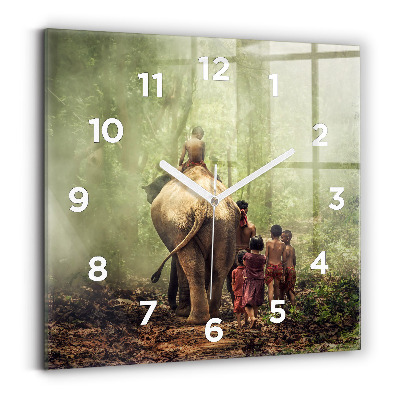 Ceas perete din sticlă pătrat Copii care conduc un elefant