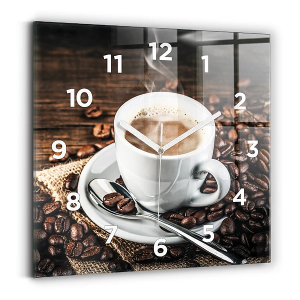 Ceas perete din sticlă pătrat ceașcă și cafea boabe