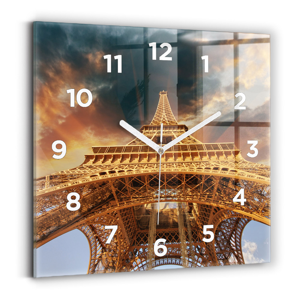 Ceas pătrat de perete din sticlă Turnul Eiffel pe fundalul norilor