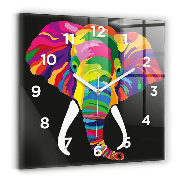 Ceas de sticlă pe perete pătrat Elefant colorat