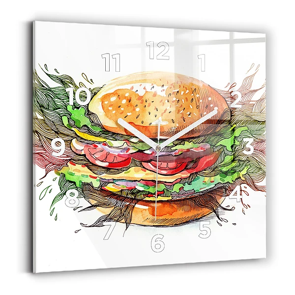 Ceas perete din sticlă pătrat Burger cu brânză XXL