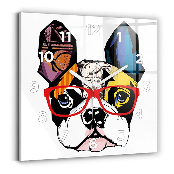 Ceas pătrat de perete din sticlă Bulldog francez cu ochelari
