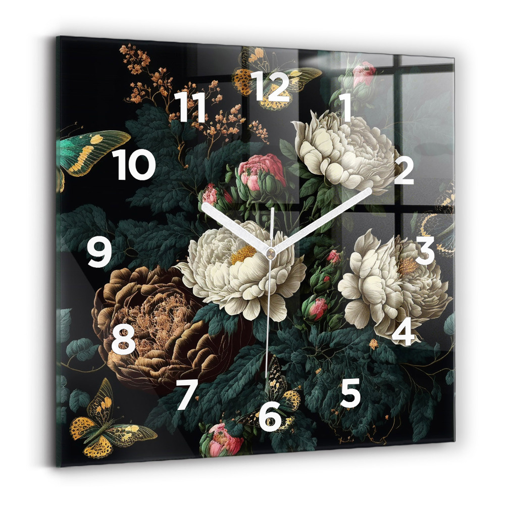 Ceas din sticlă pătrat Floare și fluturi aurii