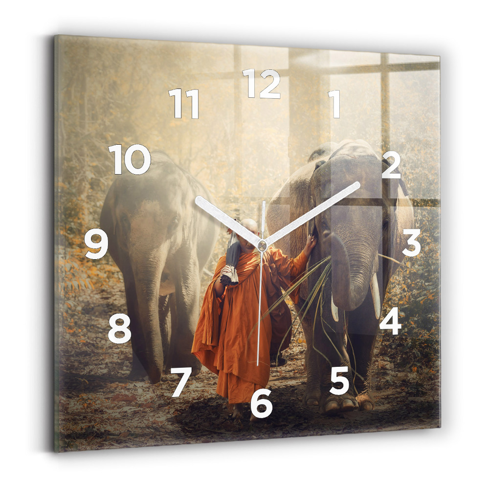 Ceas din sticlă pătrat Un călugăr care conduce elefanți