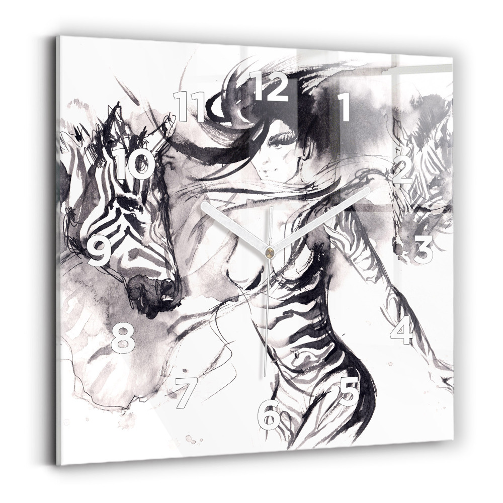 Ceas pătrat de perete din sticlă Femeie și zebre