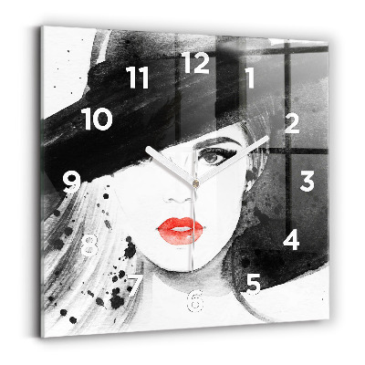 Ceas perete din sticlă pătrat Femeie cu pălărie