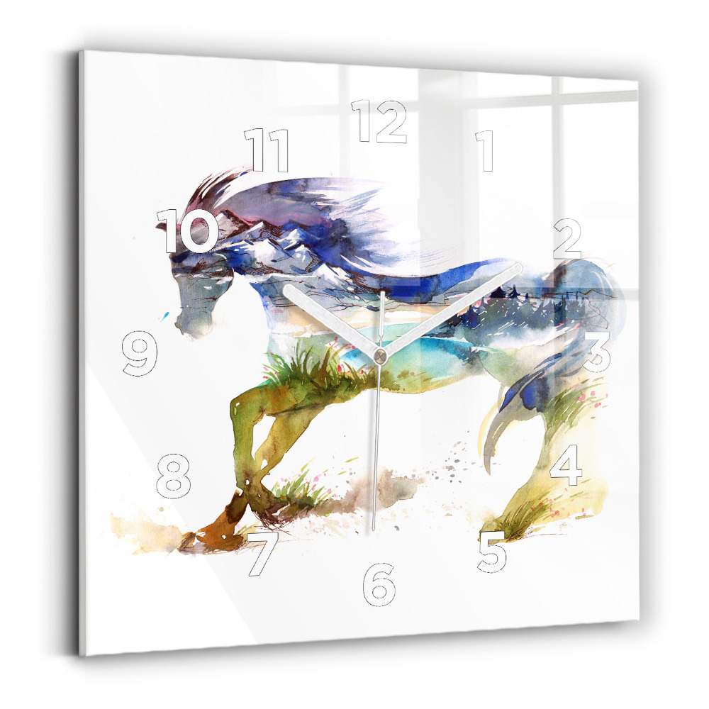 Ceas perete din sticlă pătrat Munți pictați și cal