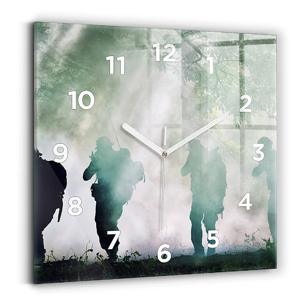Ceas perete din sticlă pătrat Soldații armatei în pădure