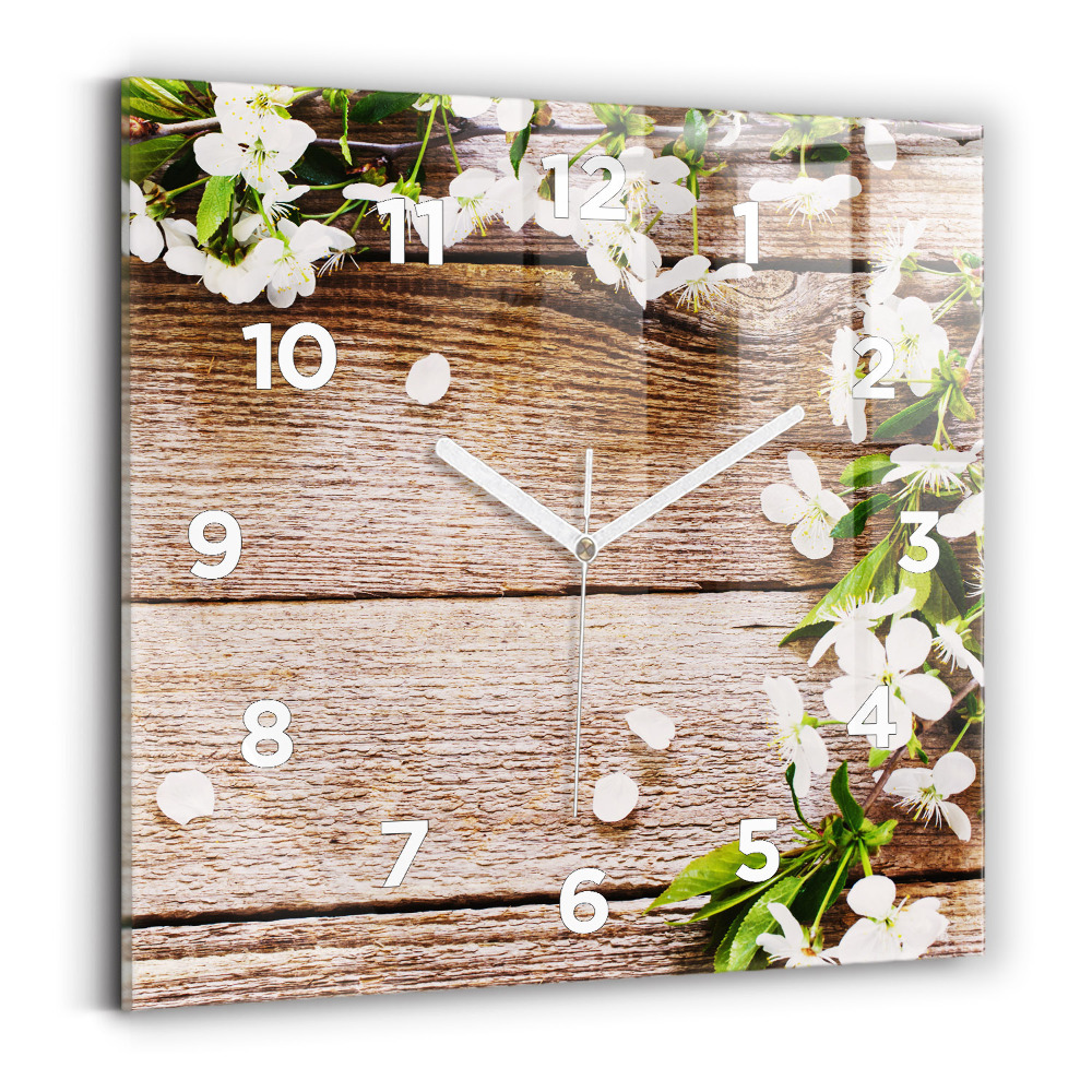 Ceas perete din sticlă pătrat Flori pe lemn