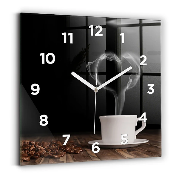 Ceas perete din sticlă pătrat O ceașcă de cafea fierbinte