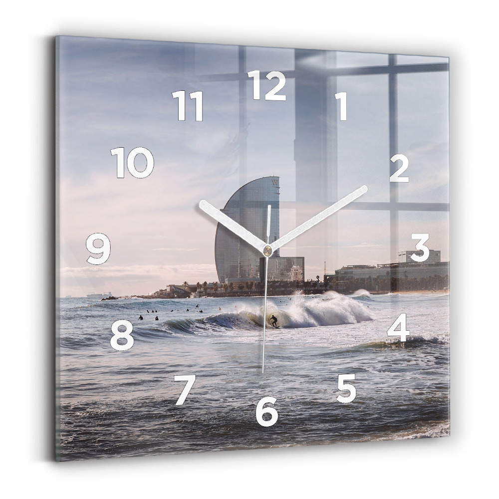Ceas de sticlă pe perete pătrat Barcelona Surfer