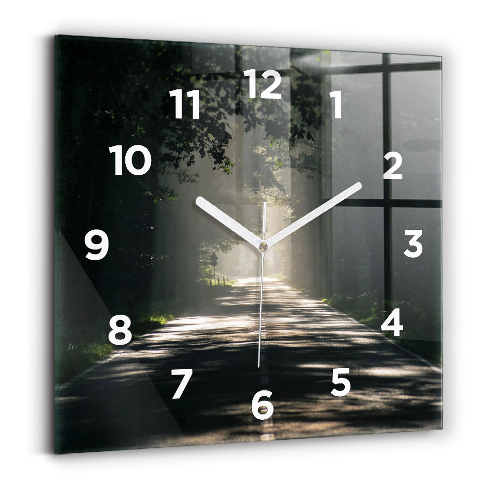 Ceas perete din sticlă pătrat Drum forestier și dâre de lumină solară