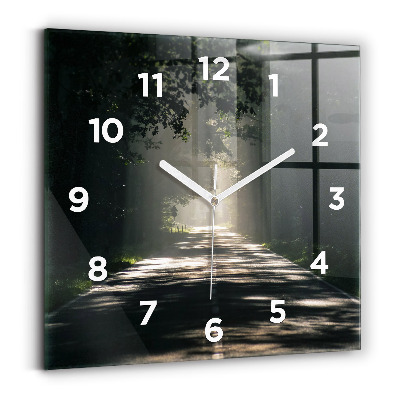 Ceas perete din sticlă pătrat Drum forestier și dâre de lumină solară