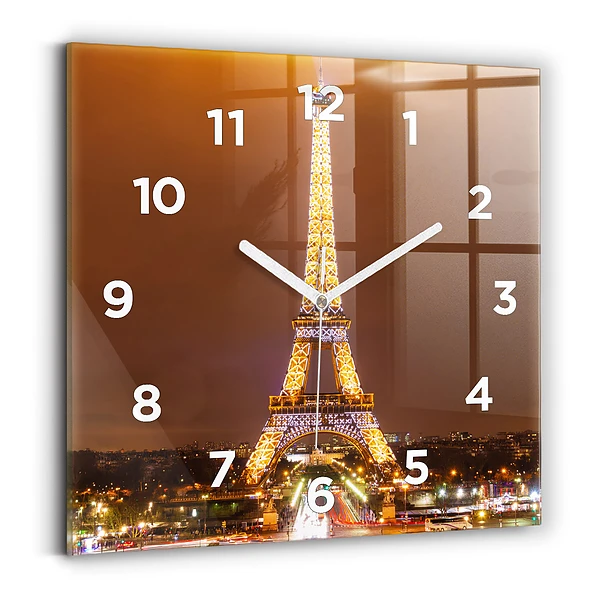 Ceas pătrat de perete din sticlă Turnul Eiffel iluminat
