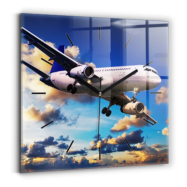 Ceas perete din sticlă pătrat Avion în nori