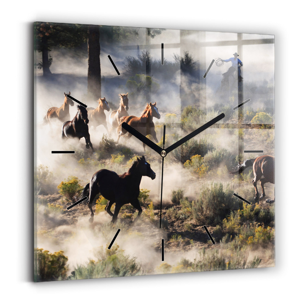 Ceas din sticlă pătrat O turmă de cai grăbiți