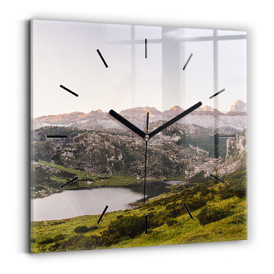 Ceas de sticlă pe perete pătrat Lacul și munții Pirinei