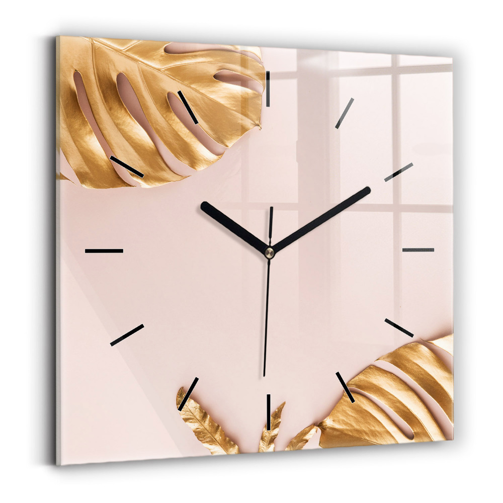 Ceas pătrat de perete din sticlă Frunze tropicale aurii