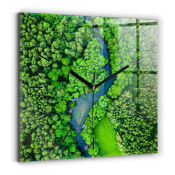 Ceas de sticlă pe perete pătrat Râu în pădure
