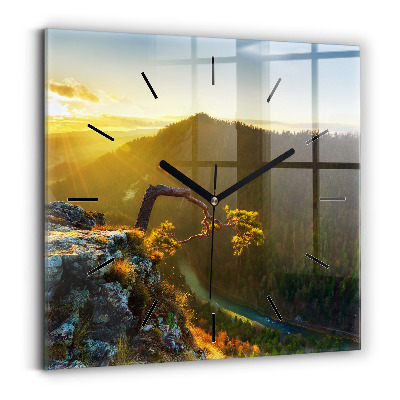 Ceas perete din sticlă pătrat Apus peste munți