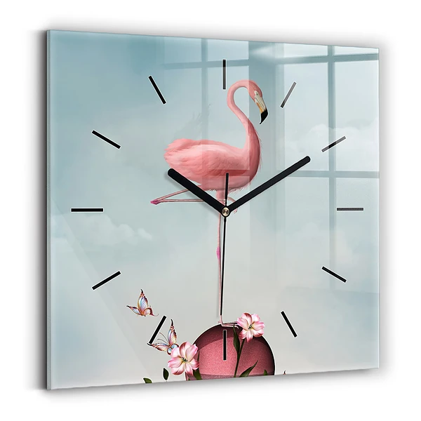 Ceas de sticlă pe perete pătrat Flamingo suprarealist