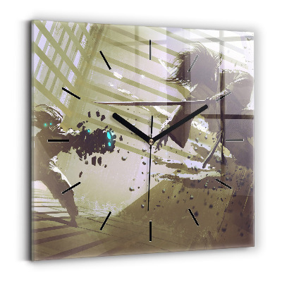 Ceas perete din sticlă pătrat Robot și samurai se luptă