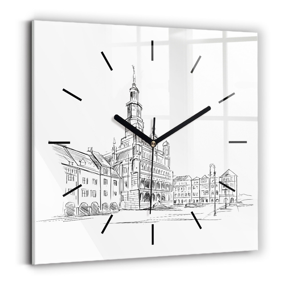 Ceas de sticlă pe perete pătrat Schiță a orașului vechi Poznań