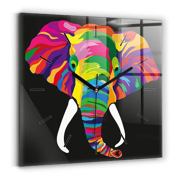 Ceas de sticlă pe perete pătrat Elefant colorat