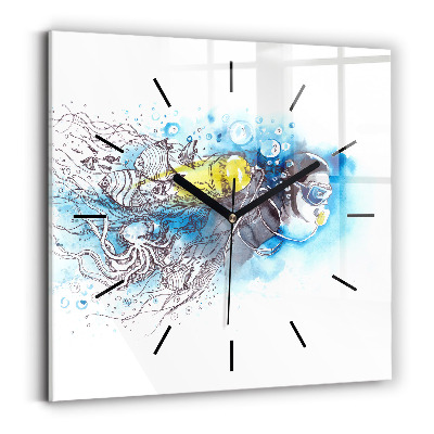 Ceas perete din sticlă pătrat Viața subacvatică a peștilor