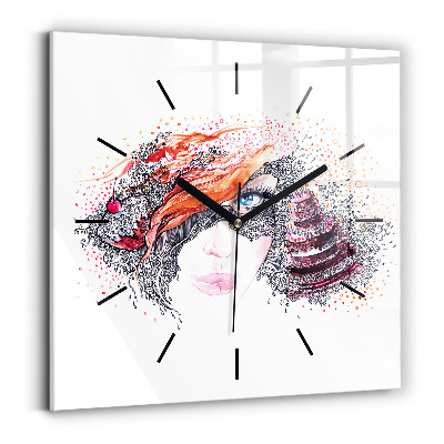 Ceas pătrat de perete din sticlă Femeie dulce cu tort
