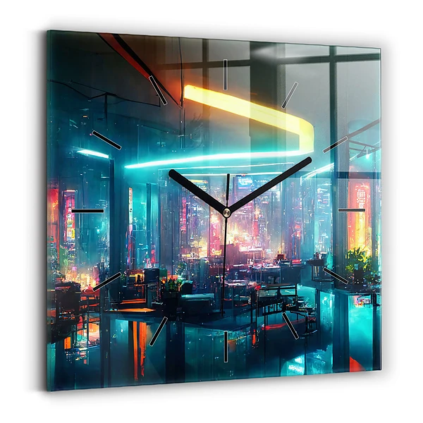 Ceas din sticlă pătrat Un oraș în stil cyberpunk