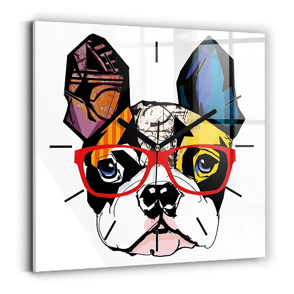 Ceas pătrat de perete din sticlă Bulldog francez cu ochelari