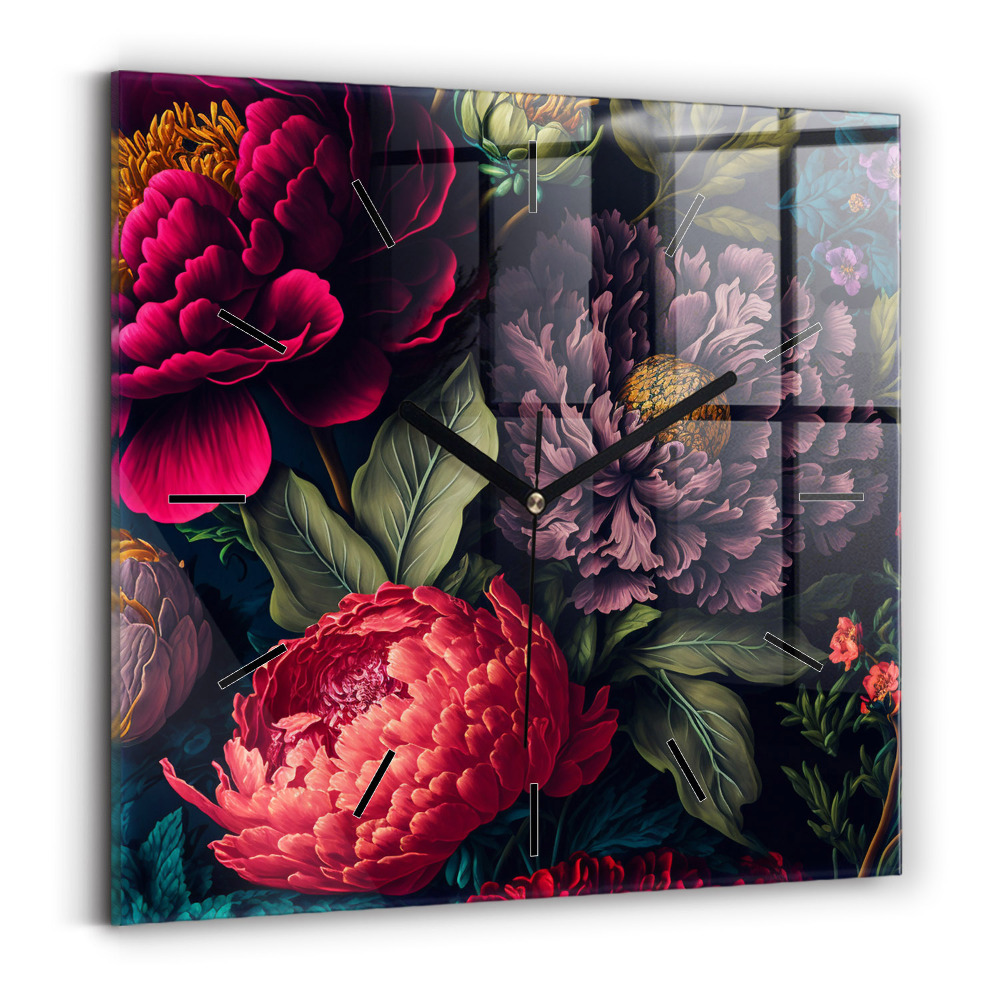 Ceas de sticlă pe perete pătrat Buchet de flori vintage