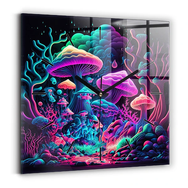 Ceas de sticlă pe perete pătrat Ciuperci neon