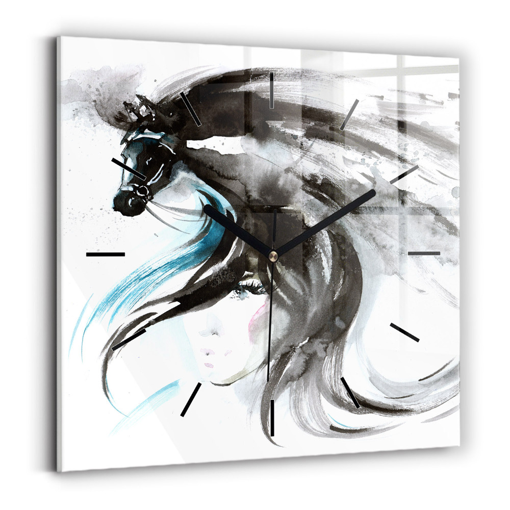 Ceas pătrat de perete din sticlă Cal abstract și femeie