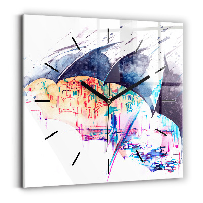 Ceas pătrat de perete din sticlă Umbrelă de ploaie și oraș