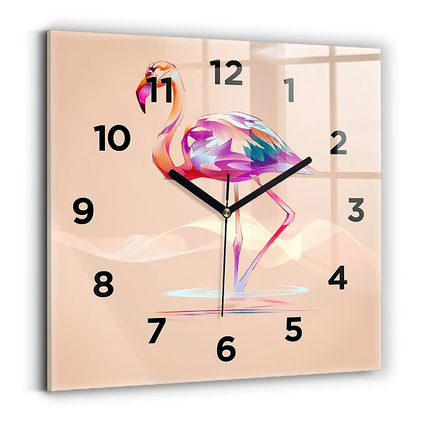 Ceas perete din sticlă pătrat Ilustrație cu flamingo