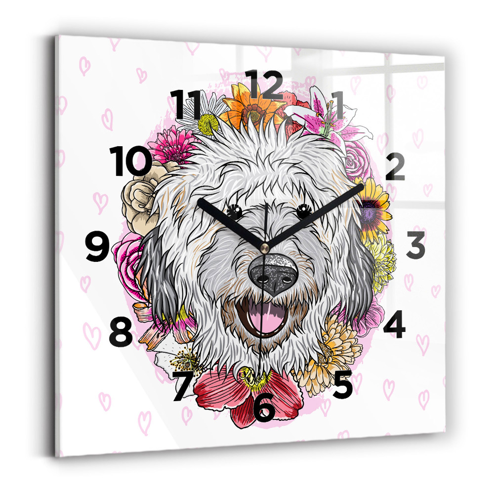 Ceas pătrat de perete din sticlă Câine fericit în flori