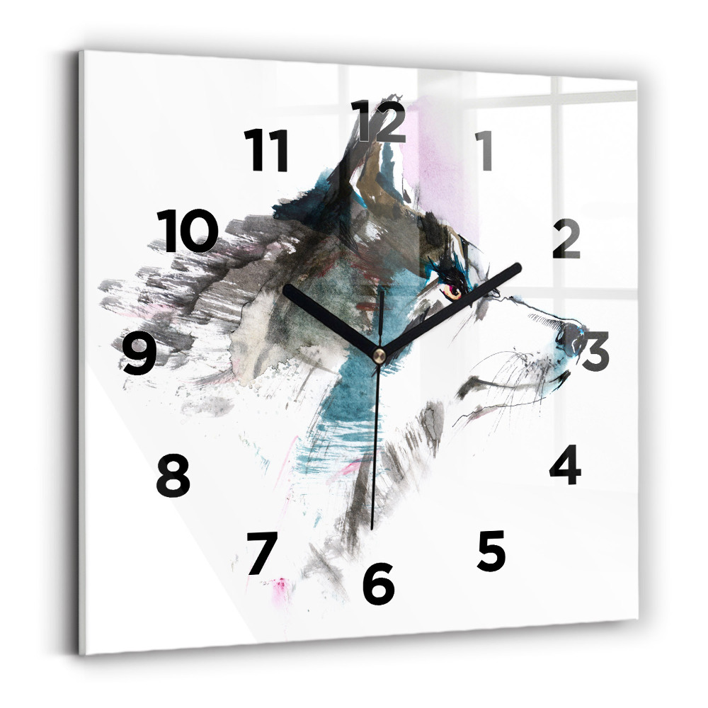Ceas din sticlă pătrat Profilul unui lup pictat