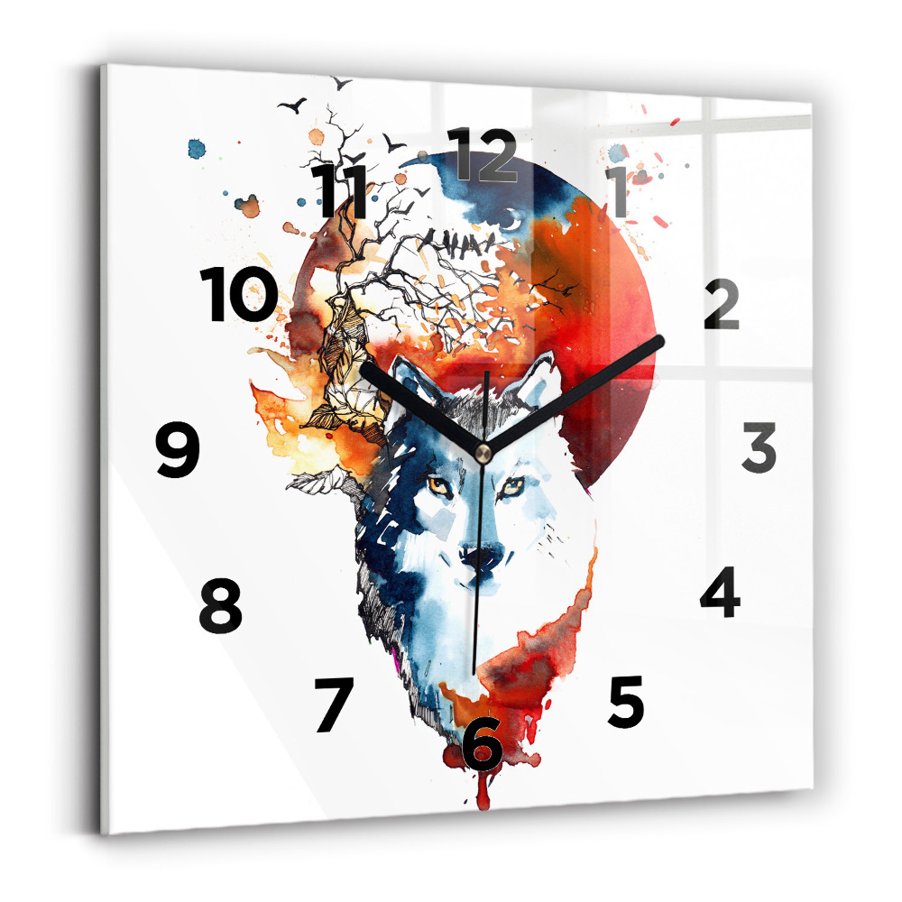 Ceas perete din sticlă pătrat Lupul și Luna Plină