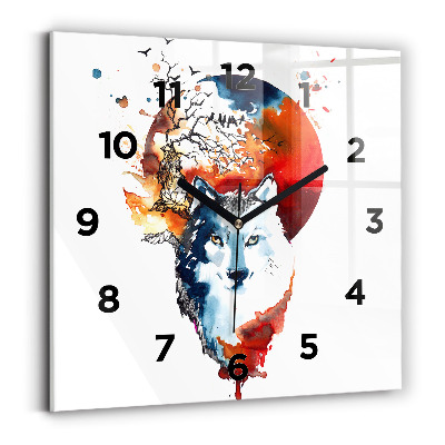 Ceas perete din sticlă pătrat Lupul și Luna Plină