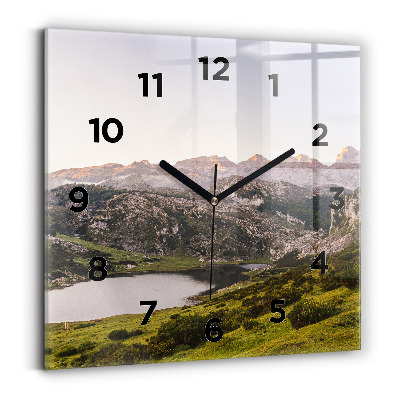 Ceas de sticlă pe perete pătrat Lacul și munții Pirinei