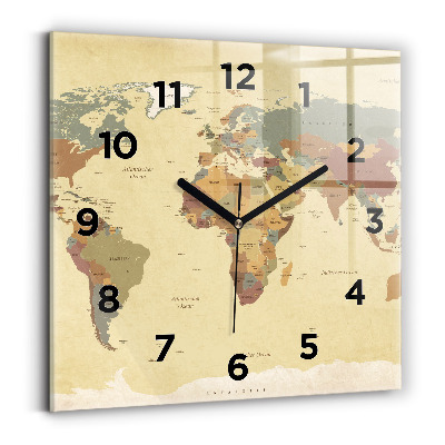 Ceas perete din sticlă pătrat Harta lumii în stil vintage