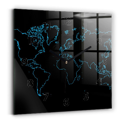 Ceas de sticlă pe perete pătrat Contururile hărții lumii